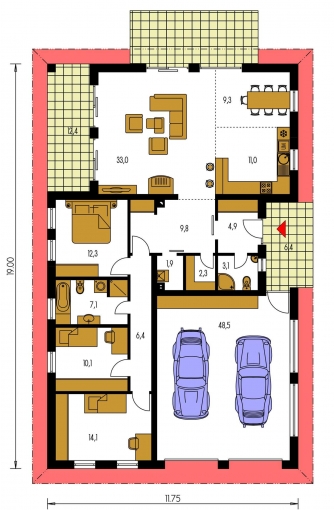 Spiegelverkehrter Entwurf | Grundriss des Erdgeschosses - BUNGALOW 44